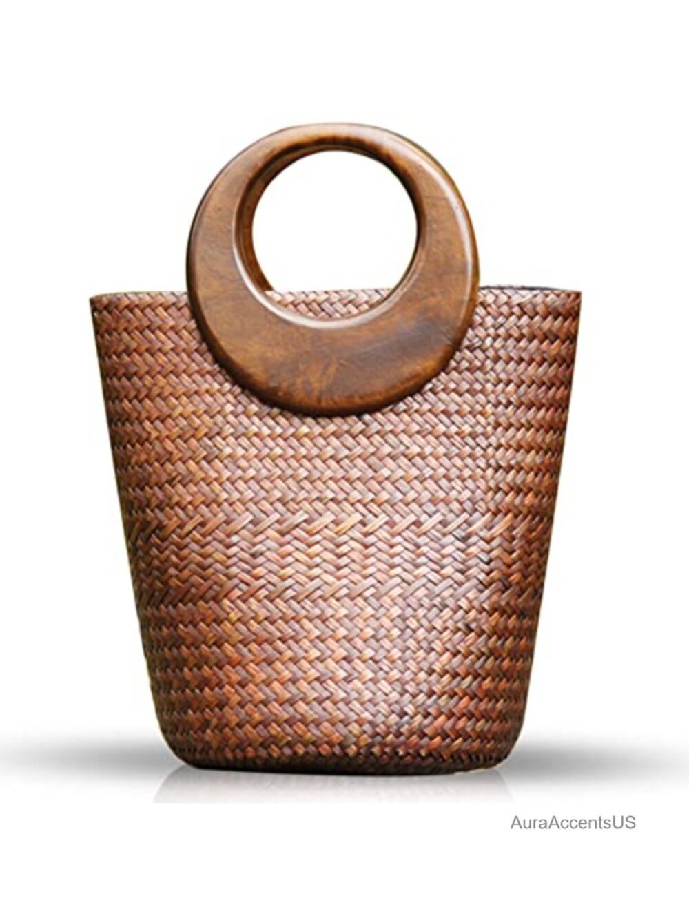Handmade Rattan Straw Tote Bag Wooden Handle Woven Boho Summer Beach Handbag